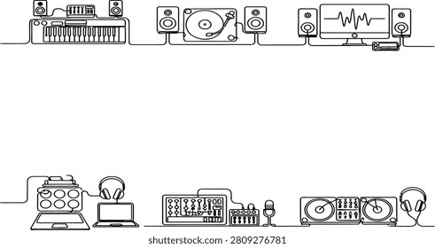 A continuous line art illustration showcasing various music production and DJ equipment for sound engineering and creative audio projects
