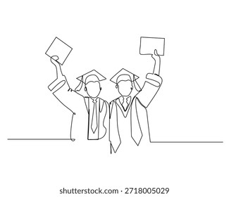 Ilustración de arte lineal continuo de dos personas con gorras y batas de graduación, cada una levantando un diploma en un gesto de celebración. Este diseño minimalista captura la alegría y el orgullo de los logros académicos, simbolizando el éxito, la unidad y la culminación de los esfuerzos educativos. Perfecto para su uso en contenido temático de graduación, materiales educativos, imágenes inspiradoras y proyectos de diseño creativo