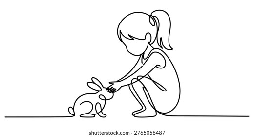 Continuous line art illustration of a young girl crouching to interact with a rabbit Vector, illustration