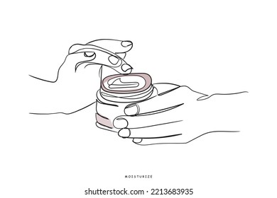 Continuous line art illustrations of various blank cosmetic containers including jar, pump bottle, cream tube, and dropper, isolated on white background. Skin care products. Winter skin care moisture