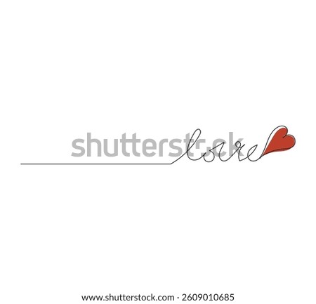 Continuous line art image of love word and heart on white background. Love line symbol, Valentine's Day one line design vector illustration. Editable vector illustration
