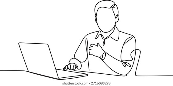 Continuous line art image of professional man sitting at desk using notebook computer. Minimalist black outline drawing representing office work technology and remote working.