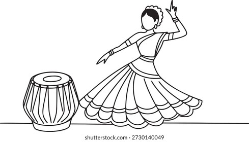 Arte lineal continuo de un bailarín clásico indio actuando junto a una tabla. Dibujo de una sola línea de una mujer con atuendo indio tradicional. Ilustración minimalista de la danza india. Dibujo de un bailarín clásico y un instrumento de percusión. 