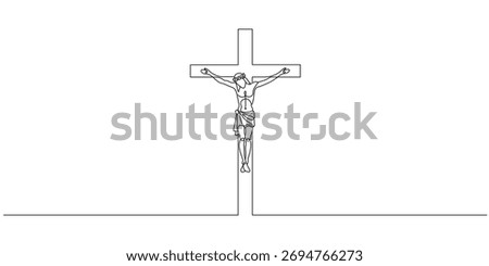 continuous line art of Jesus Christ. one line drawing of lord Jesus being crucified on the cross. line art of crucifixion event of Jesus Christ. vector illustration. Editable stroke