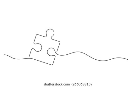 Continuous line art of a jigsaw puzzle piece. Minimalist vector concept representing solution, teamwork, and connectivity