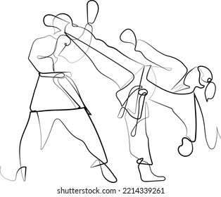 Continuous Line Art Karate Kung Fu Kick Dual Competition Minimalist Vector Illustration 