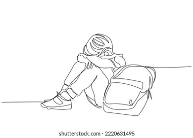 Continuous line art of kid sitting with head down. School Bullying culture concept. Sad and depressed kid. Frustrated. Flawed education system. Bad schooling. Cyber bullying. Peer pressure. Angry boy