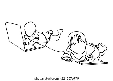Continuous line art of kids engrossed in their screens. Modern gadgets and their excess use concept. Leisure time activities. 