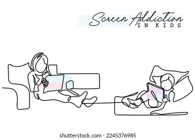 Continuous line art of kids engrossed in their screens. Modern gadgets and their excess use concept. Leisure time activities. 