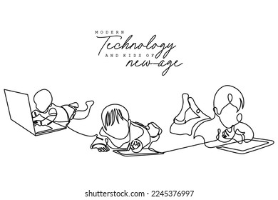 Continuous line art of kids engrossed in their screens. Modern gadgets and their excess use concept. Leisure time activities. 