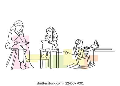 Continuous line art of kids engrossed in their screens. Modern gadgets and their excess use concept. Leisure time activities. 