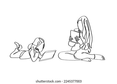 Continuous line art of kids engrossed in their screens. Modern gadgets and their excess use concept. Leisure time activities. 
