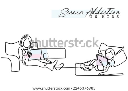 Continuous line art of kids engrossed in their screens. Modern gadgets and their excess use concept. Leisure time activities. 