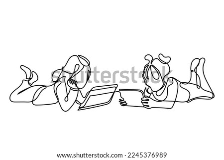 Continuous line art of kids engrossed in their screens. Modern gadgets and their excess use concept. Leisure time activities. 