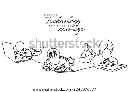 Continuous line art of kids engrossed in their screens. Modern gadgets and their excess use concept. Leisure time activities. 