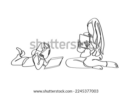Continuous line art of kids engrossed in their screens. Modern gadgets and their excess use concept. Leisure time activities. 