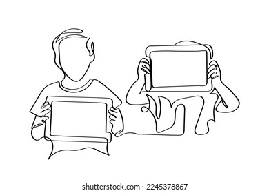 Continuous line art of kids of modern age with digital tablets. Concept of digitization of kids and their screen addictions. 