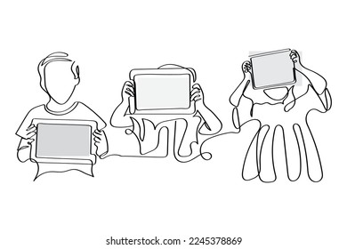 Continuous line art of kids of modern age with digital tablets. Concept of digitization of kids and their screen addictions. 