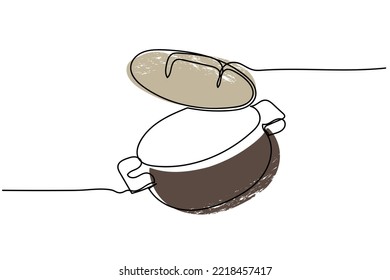 Continuous line art of Kitchen utensils and cutlery set. Spoon, Knife, Spatula, forks, plates, bowls, spices jars, saucepan and frying pan vector. Pastel color soft pictures background line art