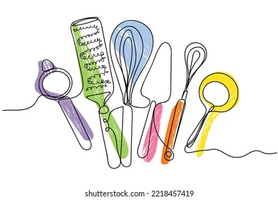 Arte continuo en línea de utensilios de cocina y cubiertos. Cuchara, Cuchillo, Espatula, horquillas, platos, tazones, jarras de especias, cacerolas y vectores de sartén frito. Pintura de fondo de la línea de dibujos suaves color pastel