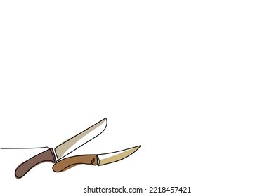 Continuous line art of Kitchen utensils and cutlery set. Spoon, Knife, Spatula, forks, plates, bowls, spices jars, saucepan and frying pan vector. Pastel color soft pictures background line art