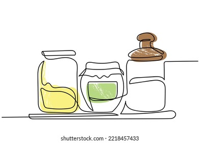 Continuous line art of Kitchen utensils and cutlery set. Spoon, Knife, Spatula, forks, plates, bowls, spices jars, saucepan and frying pan vector. Pastel color soft pictures background line art