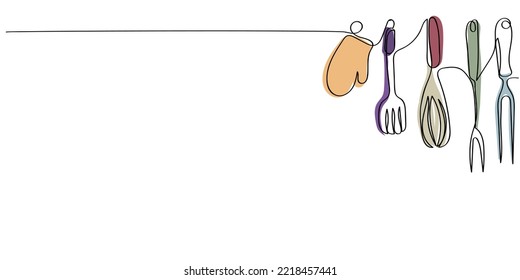 Continuous line art of Kitchen utensils and cutlery set. Spoon, Knife, Spatula, forks, plates, bowls, spices jars, saucepan and frying pan vector. Pastel color soft pictures background line art