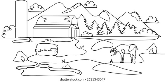 Continuous Line Art Paisagem de Montanha Fazenda com Celeiro, Cabras, Feno, Árvores, e Rio