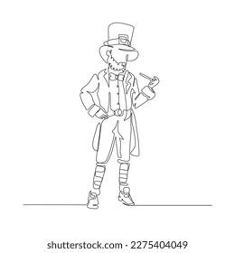 Continuous line art. leprechaun character holding a cigar. Hand drawn minimalist design for simple vectors for St. Patrick's Day. Editable strokes.