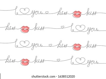 Continuous line art lettering kiss. Red lips, french style. Minimalistic lettering pattern.