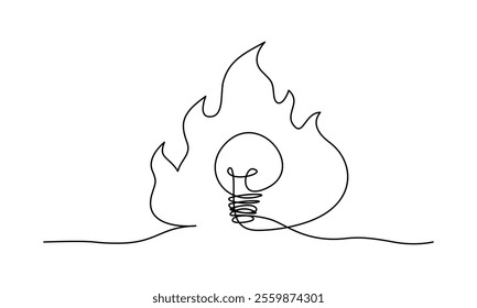 Continuous line art of a light bulb in bonfire, editable stroke.