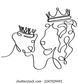 Continuous line art of a lion and lioness with crowns. Power couple concept art.