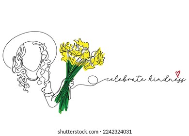 continuous line art of little girl holding beautiful flowers for the loved ones. Giving flowers is the gesture of love and kindness. Celebrate kindness. Kind is cool. Daughters day vector art. 