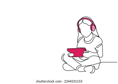 Continuous line art of a little girl watching something on tablet. Excessive exposure to blue light. Kids play time concept art. Health risks of early exposure to screen. 