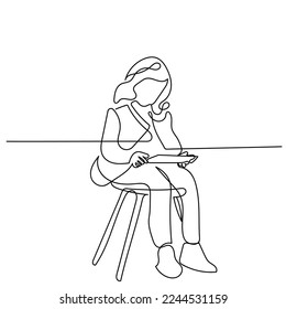 Continuous line art of a little girl watching something on tablet. Excessive exposure to blue light. Kids play time concept art. Health risks of early exposure to screen. 