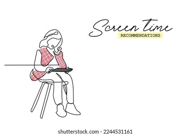 Continuous line art of a little girl watching something on tablet. Excessive exposure to blue light. Kids play time concept art. Health risks of early exposure to screen. 