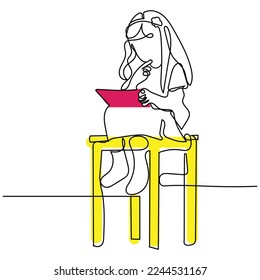 Continuous line art of a little girl watching something on tablet. Excessive exposure to blue light. Kids play time concept art. Health risks of early exposure to screen. 