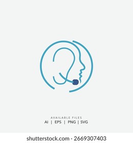 Logotipo continuo del arte de la línea de un hombre que habla en un micrófono, ícono minimalista del podcast con un perfil masculino y auriculares, Ilustración vectorial simple de la cara de un hombre que escucha audio