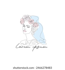 Continuous line, Line Art Logo of Woman With Flowers in Hair and veil in Minimalist Style. Name Company Branding, suitable for a fashion wedding industry