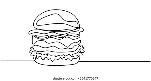 Continuous line art Long Burger with double beef and vegentable vector illustration colorful. Concept fast food, food, restaurant, food business, Hamburger Continuous Line Illustration, Fast Food.