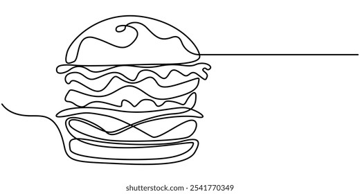 Arte de línea continua Long Burger con doble carne de res y Ilustración vectorial vegetariana colorida. Concepto de comida rápida, comida, restaurante, negocio de alimentos, hamburguesa Ilustración de línea continua, comida rápida.