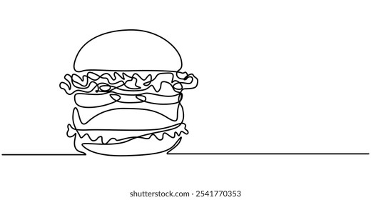 Arte de línea continua Long Burger con doble carne de res y Ilustración vectorial vegetariana colorida. Concepto de comida rápida, comida, restaurante, negocio de alimentos, hamburguesa Ilustración de línea continua, comida rápida.