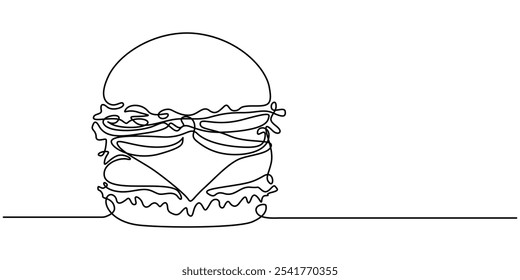 Arte de línea continua Long Burger con doble carne de res y Ilustración vectorial vegetariana colorida. Concepto de comida rápida, comida, restaurante, negocio de alimentos, hamburguesa Ilustración de línea continua, comida rápida.