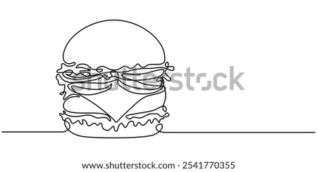Continuous line art Long Burger with double beef and vegentable vector illustration colorful. Concept fast food, food, restaurant, food business, Hamburger Continuous Line Illustration, Fast Food.