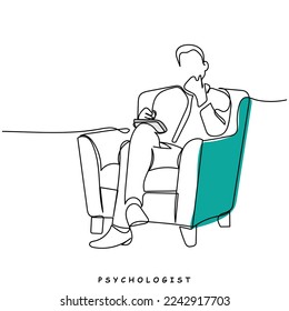 continuous line art of a male psychologist sitting on a sofa with notes n his hands. Counselor or educator concept. Positive psychology vector art. Outside help for clarity of mind. Mental health