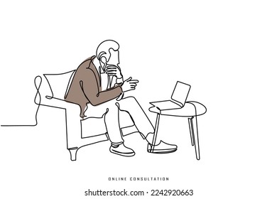 Continuous line art of a man busy in online consultation. Online business and work. An adult psychologist treating his patients with regular online sessions.  Vector art.