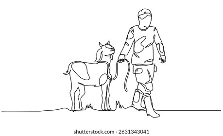 Hombre de arte de línea continua que lleva la cabra, Ilustración vectorial minimalista sobre fondo aislado para la decoración del cartel, granja y Eid al-Adha
