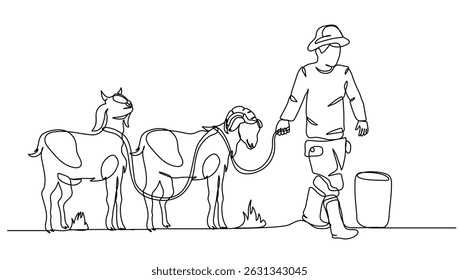 Continuous Line Art Man Carrying Goat, Minimalist Vector Illustration on Isolated Background for Poster Decoration, Farm, and Eid al-Adha