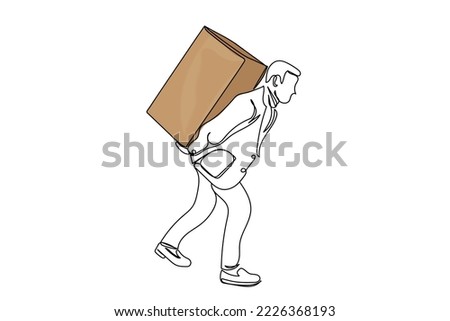 Continuous line art of a man carrying a big package on his back. person or employee carries a large and heavy load of a cardboard box. Hardworking businessman or salesman. Work in corporate settings.