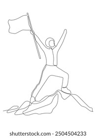 Continuous line art of a man holding a flag. Business people, success, teamwork.